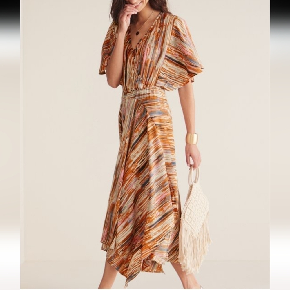 Soft Surroundings Cyra Dress Womens Large Maxi Length Striped Print Short Sleeve